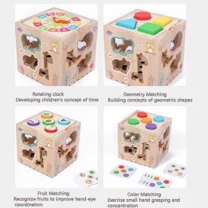 8-in-1 Wooden Activity Cube, Educational Learning Toy with Clock, Shape Sorter, Animal Matching, Fishing Game, Color Recognition, Ages 3 