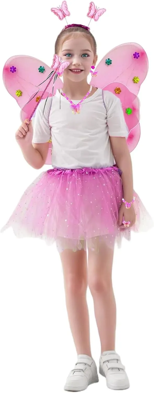 8 Pcs Light Up Butterfly Fairy Wings Costume Princess Dress Up Clothes for Girls Kids Halloween Christmas Party