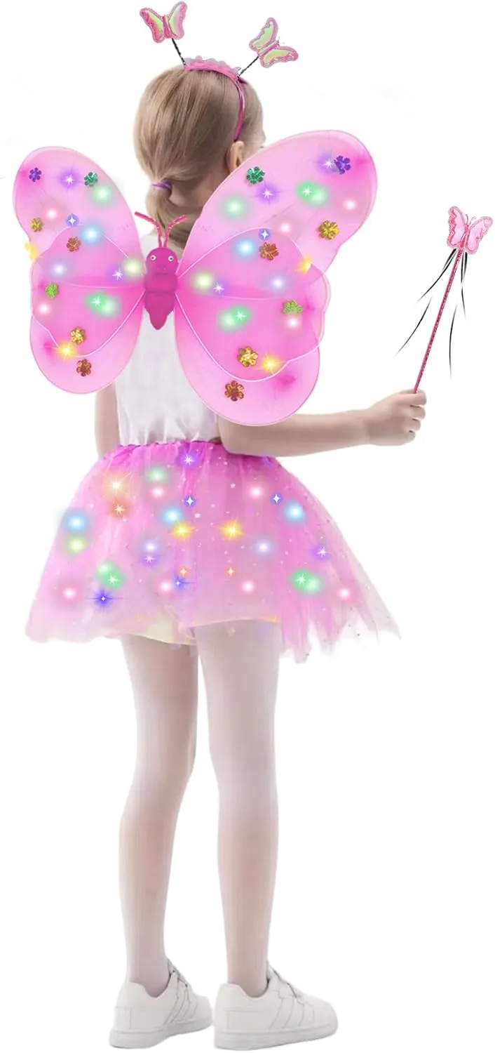 8 Pcs Light Up Butterfly Fairy Wings Costume Princess Dress Up Clothes for Girls Kids Halloween Christmas Party