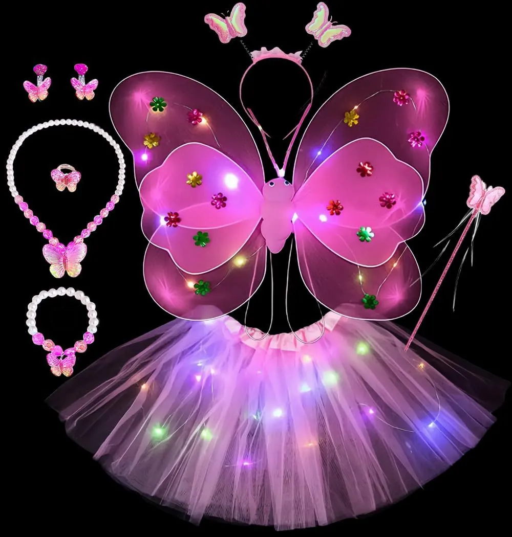 8 Pcs Light Up Butterfly Fairy Wings Costume Princess Dress Up Clothes for Girls Kids Halloween Christmas Party