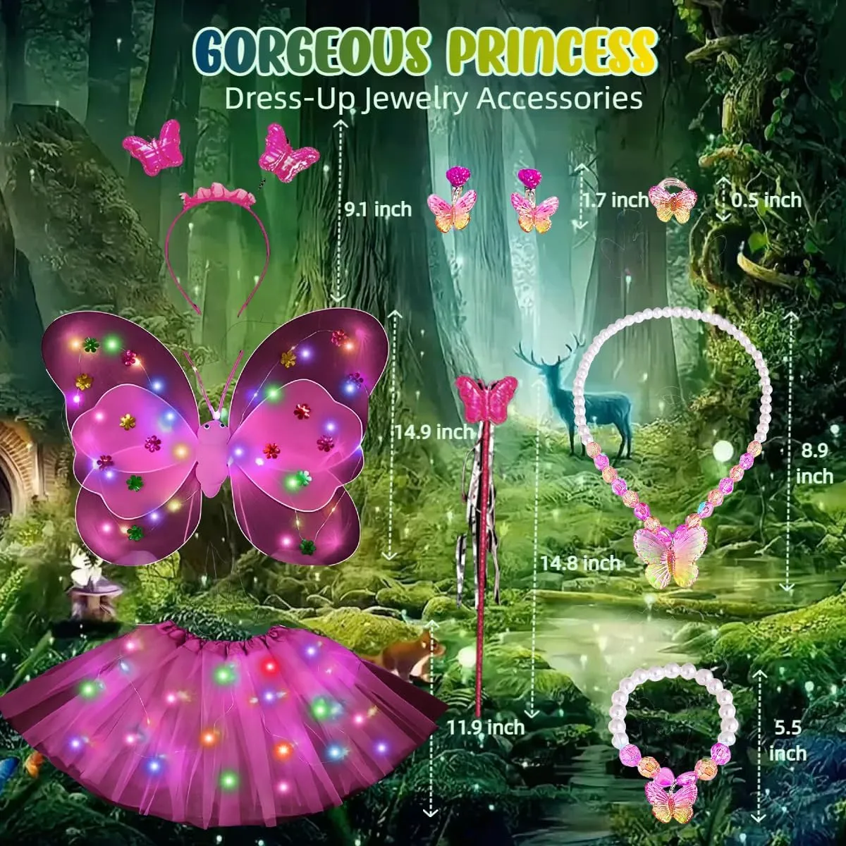 8 Pcs Light Up Butterfly Fairy Wings Costume Princess Dress Up Clothes for Girls Kids Halloween Christmas Party