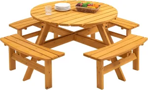 8 Person Wooden PicTable, Outdoor Camping Dining Table with Seat, Garden, DIY w/ 4 Built-in Benches, 2220lb Capacity - Natural