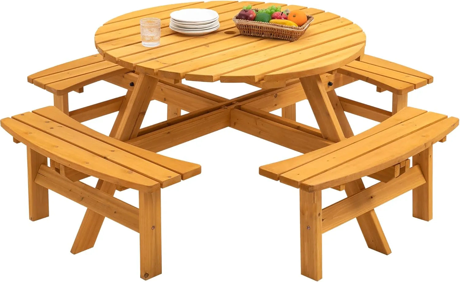 8 Person Wooden PicTable, Outdoor Camping Dining Table with Seat, Garden, DIY w/ 4 Built-in Benches, 2220lb Capacity - Natural