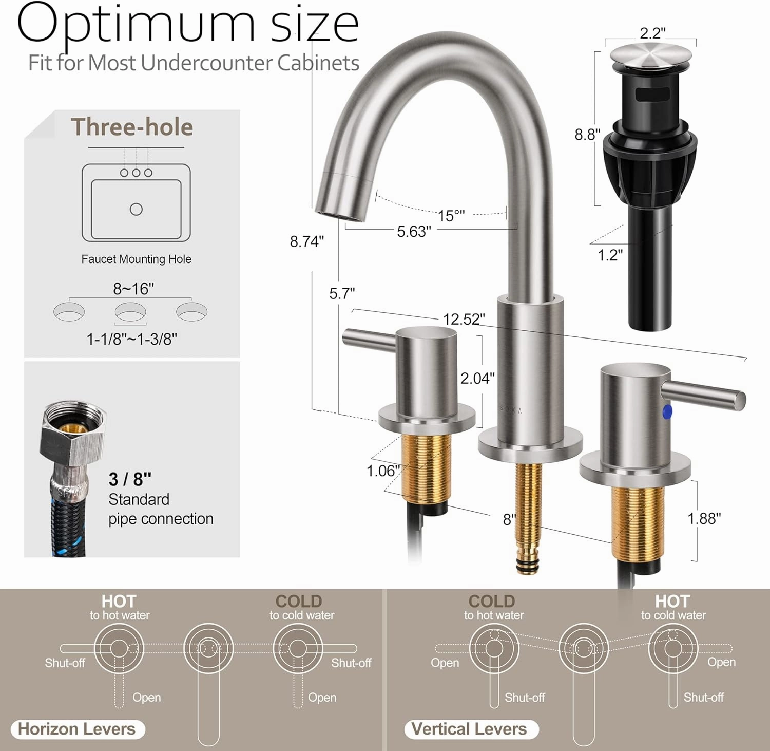 8-16" Widespread Bathroom Faucet Brushed Nickel Bathroom Sink Faucet 2 Handle Morden Bathroom Faucet for Sink 3 Hole Industrial Commercial Vanity Faucet with Pop Up Drain
