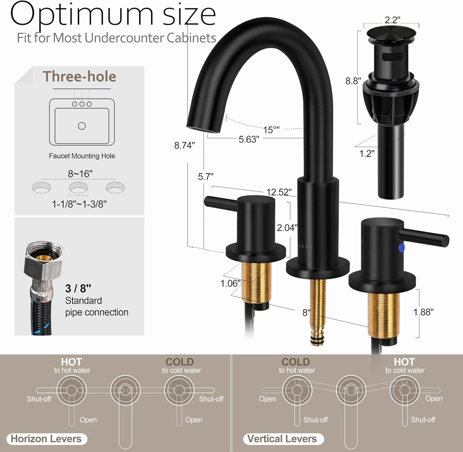 8-16" Widespread Bathroom Faucet Matte Black Bathroom Sink Faucet 2 Handle Morden Bathroom Faucet for Sink 3 Hole Industrial Commercial Vanity Faucet with Pop Up Drain,Matte Black   G