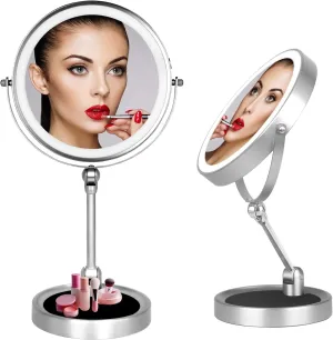 8" Adjustable Height Makeup Mirror,1X/10X Double-Sided Magnifying Desktop Cordless Light Mirror,3 Colors of Rechargeable Vanity Mirror and 360 ° Rotating Foldable Travel Mirrors