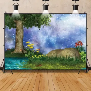 8x6ft Enchanted Tree Backdrop Cartoon Fairy Tale Forest Photography Background Summer Countryside Outdoor Picnic Backdrop Green Trees Colorful Flowers Blue River Water Stone Photo Decor Backdrop