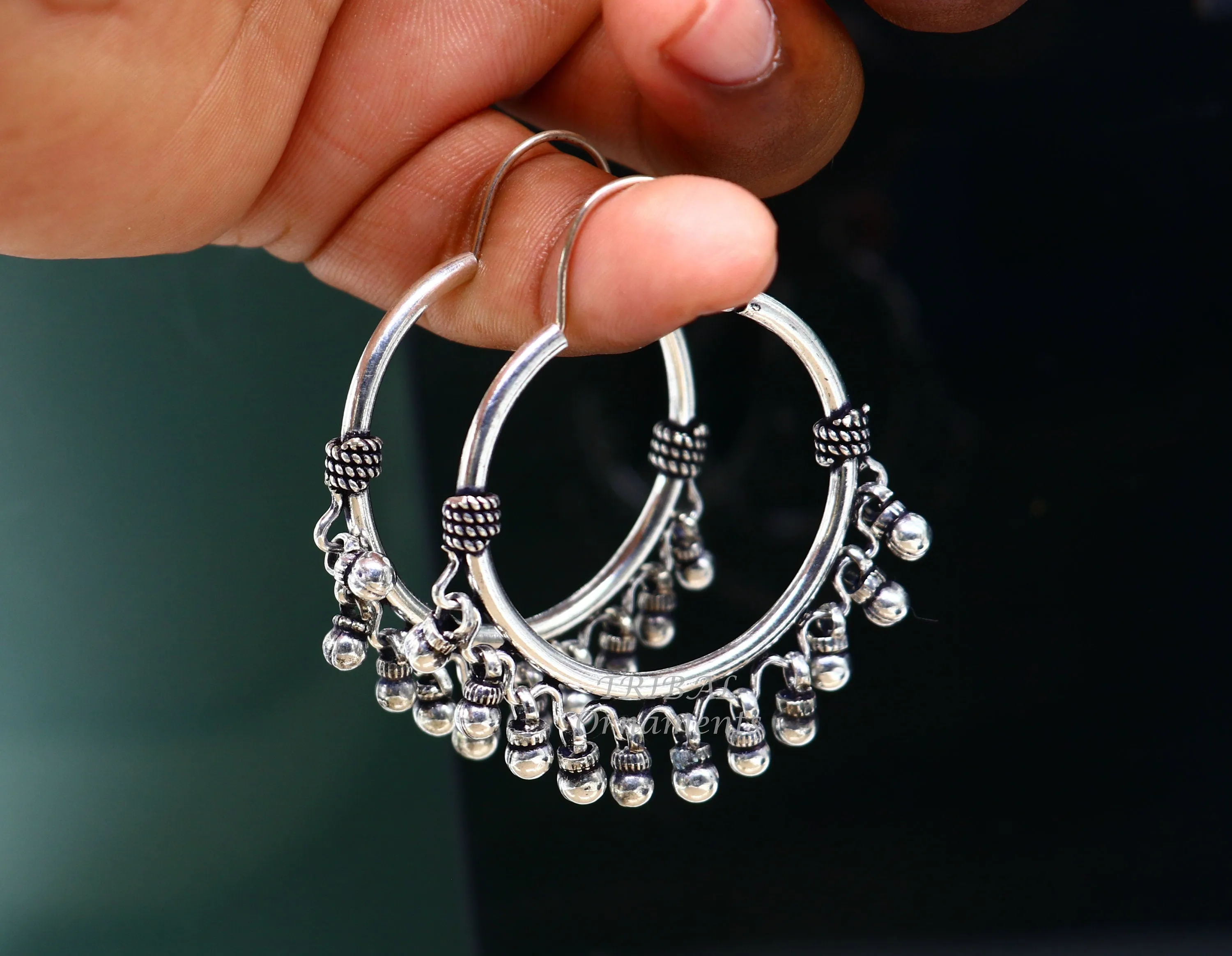 925 sterling silver handmade hoop earring, fabulous Bali, hanging bells, hook, hoop gifting gorgeous tribal customized jewelry s1037