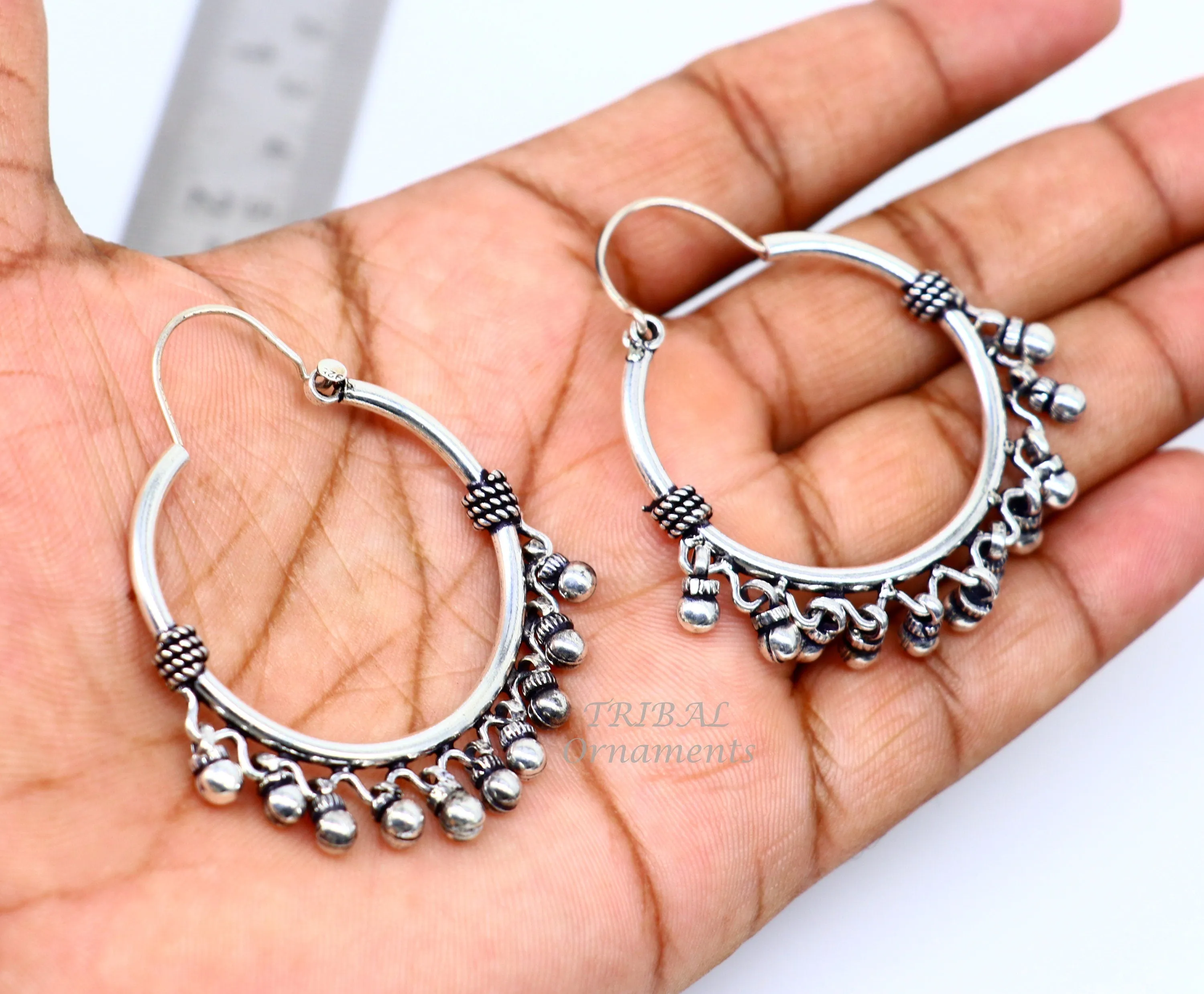 925 sterling silver handmade hoop earring, fabulous Bali, hanging bells, hook, hoop gifting gorgeous tribal customized jewelry s1037