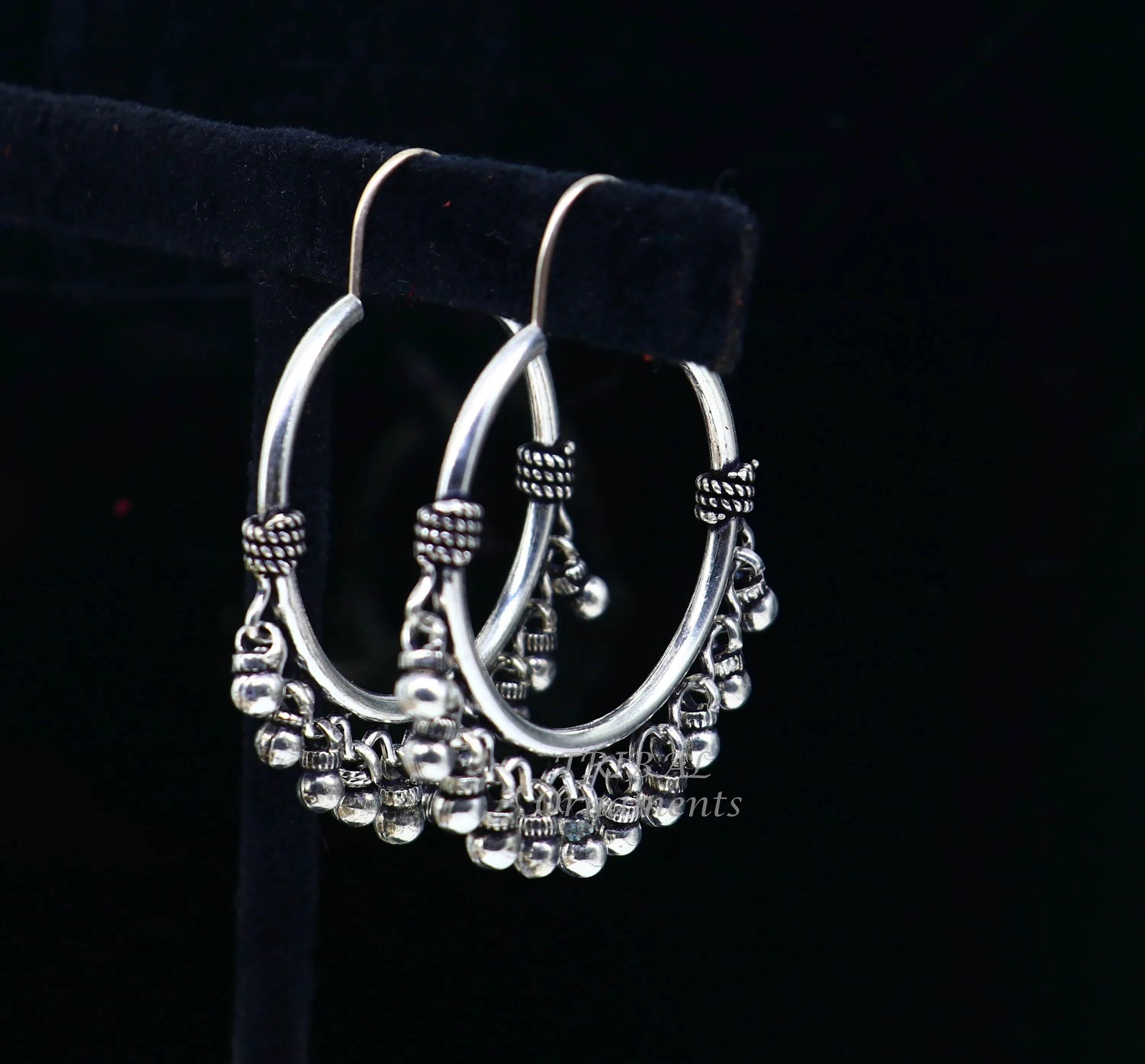 925 sterling silver handmade hoop earring, fabulous Bali, hanging bells, hook, hoop gifting gorgeous tribal customized jewelry s1037