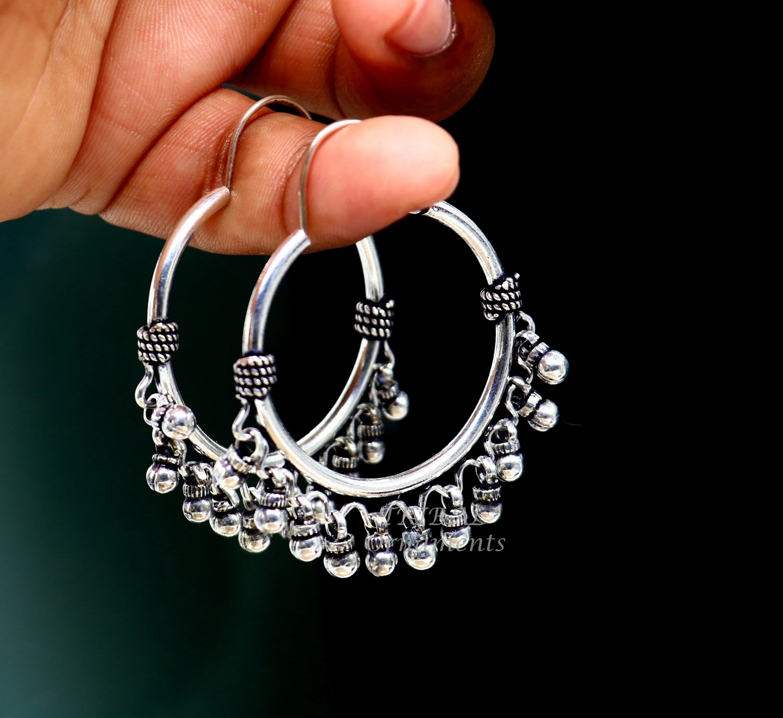 925 sterling silver handmade hoop earring, fabulous Bali, hanging bells, hook, hoop gifting gorgeous tribal customized jewelry s1037