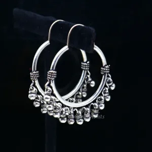 925 sterling silver handmade hoop earring, fabulous Bali, hanging bells, hook, hoop gifting gorgeous tribal customized jewelry s1037