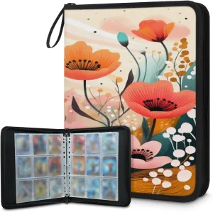 Abstract Flower 3 Ring Trading Zipper Binder Strap, Trading Card Binder 9 Pocket, 900 Pockets Card Holder with 50 Removable Sleeves for Game Cards
