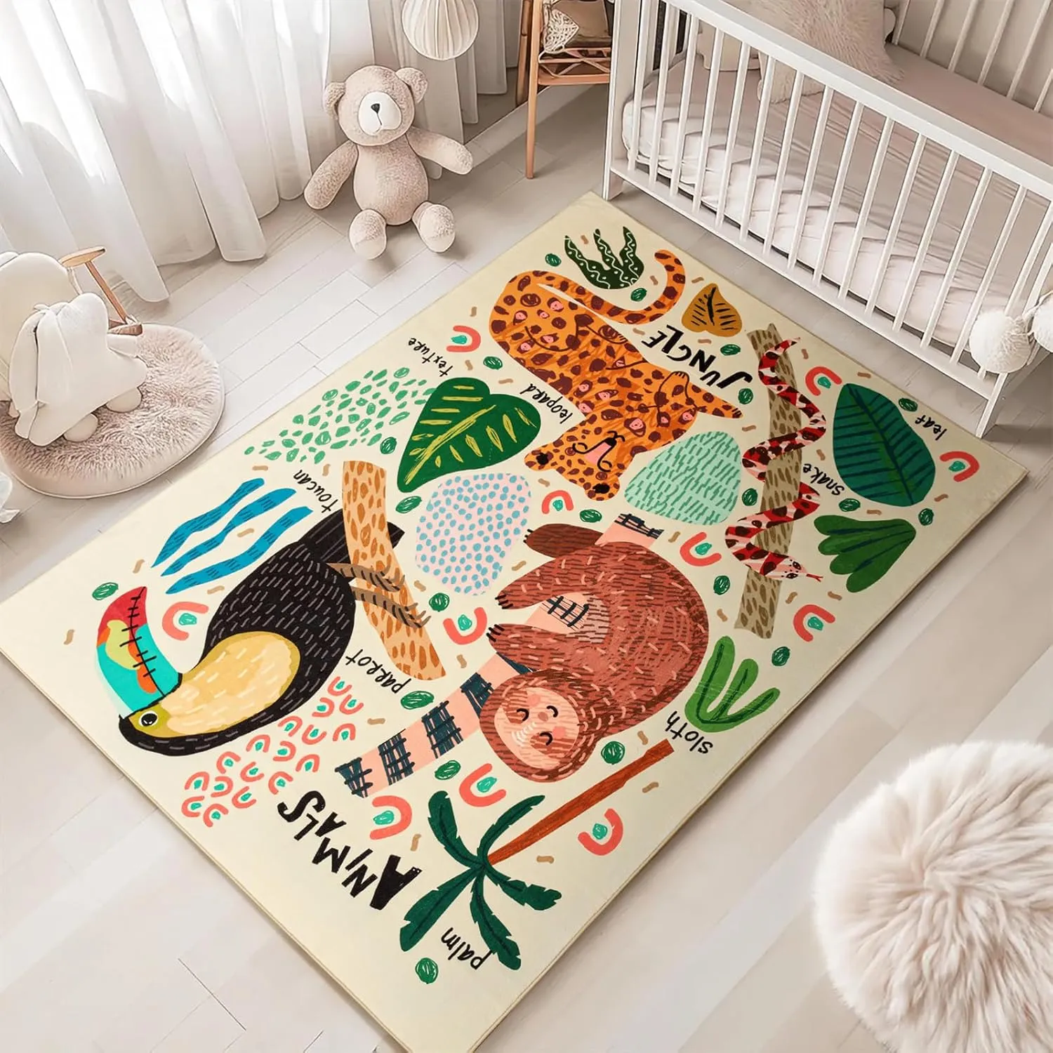 Abstract Jungle Rug, Cute Fun Nursery Rugs for Girls Boys Neutral, Cartoon Doodle Wild Animals Tropical Leaves Kids Playroom Rug, Colorful Aesthetic 4x6 Area Rug Accent Carpet for Bedroom Living Room