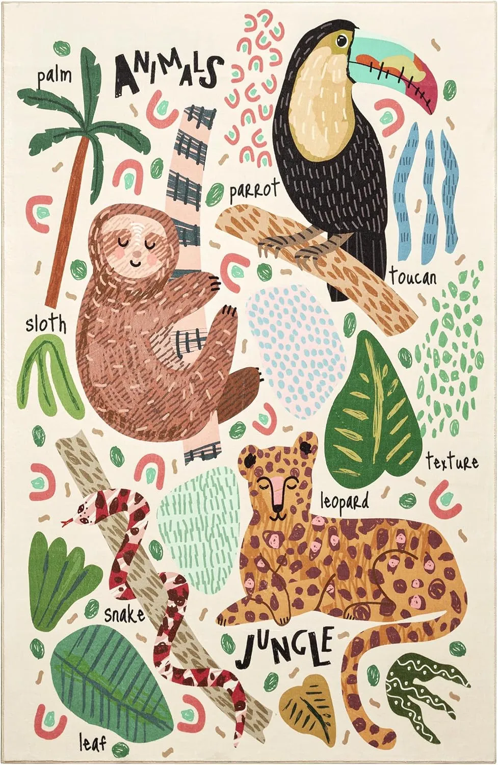 Abstract Jungle Rug, Cute Fun Nursery Rugs for Girls Boys Neutral, Cartoon Doodle Wild Animals Tropical Leaves Kids Playroom Rug, Colorful Aesthetic 4x6 Area Rug Accent Carpet for Bedroom Living Room
