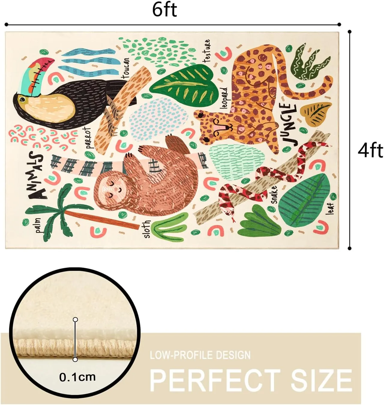 Abstract Jungle Rug, Cute Fun Nursery Rugs for Girls Boys Neutral, Cartoon Doodle Wild Animals Tropical Leaves Kids Playroom Rug, Colorful Aesthetic 4x6 Area Rug Accent Carpet for Bedroom Living Room