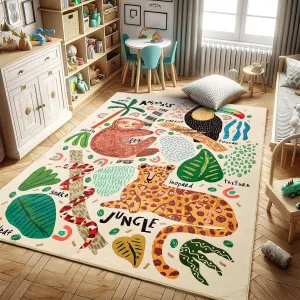Abstract Jungle Rug, Cute Fun Nursery Rugs for Girls Boys Neutral, Cartoon Doodle Wild Animals Tropical Leaves Kids Playroom Rug, Colorful Aesthetic 4x6 Area Rug Accent Carpet for Bedroom Living Room