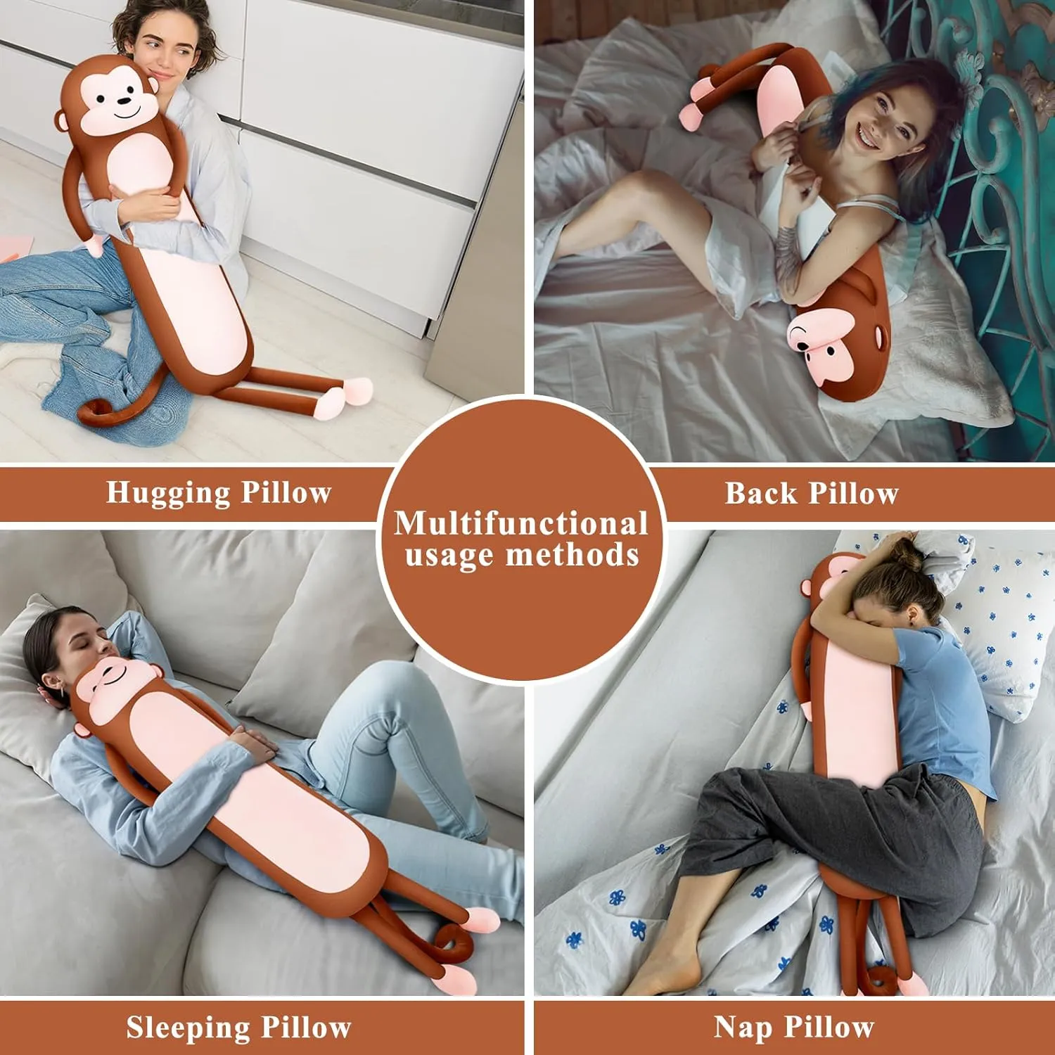 Achwishap Long Monkey Stuffed Animal Plush Toy, 40' Kawaii Large Huggable Sleeping Plush Pillow, Soft Monkey Throw Body Pillow, Cute Plushies Cushion Doll Gifts for Kids Adults