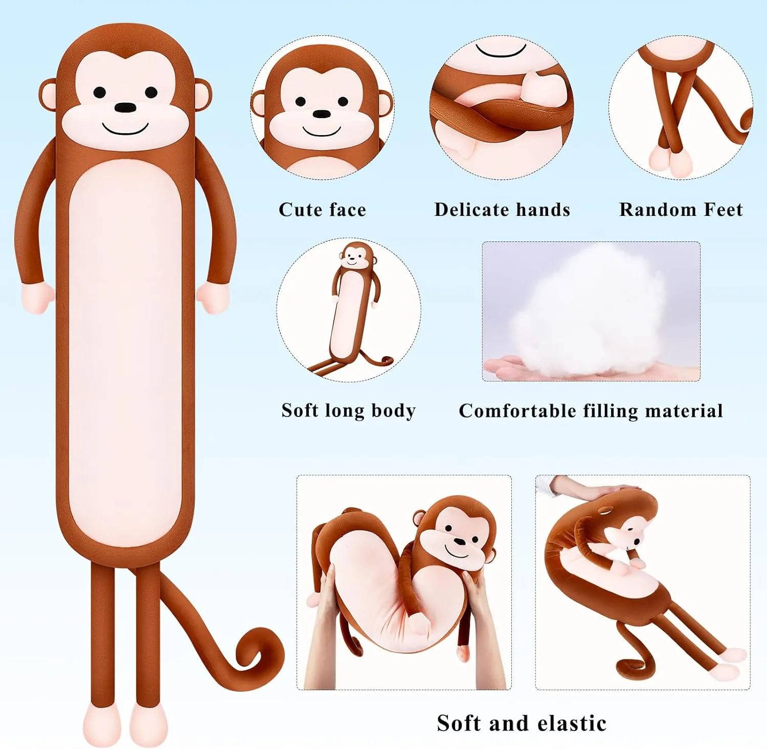 Achwishap Long Monkey Stuffed Animal Plush Toy, 40' Kawaii Large Huggable Sleeping Plush Pillow, Soft Monkey Throw Body Pillow, Cute Plushies Cushion Doll Gifts for Kids Adults