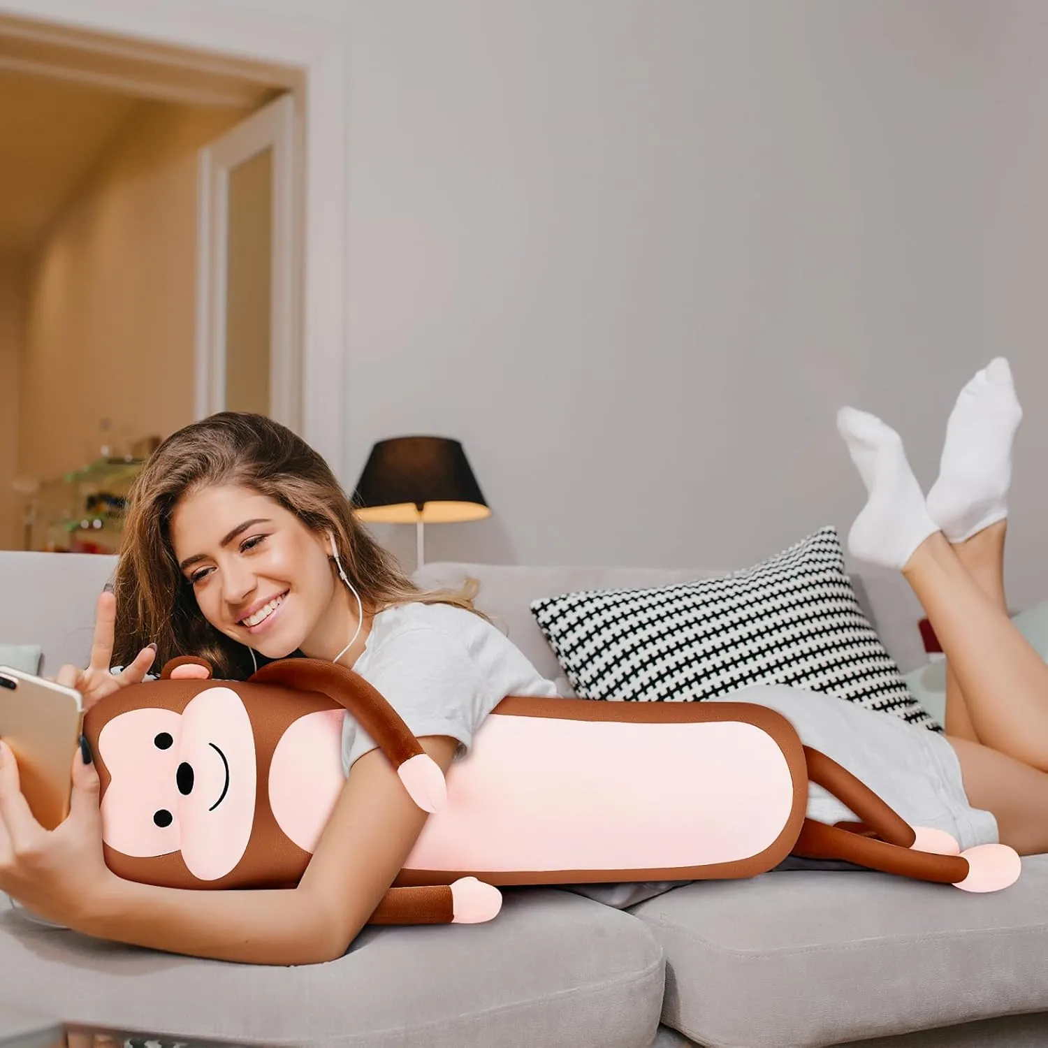 Achwishap Long Monkey Stuffed Animal Plush Toy, 40' Kawaii Large Huggable Sleeping Plush Pillow, Soft Monkey Throw Body Pillow, Cute Plushies Cushion Doll Gifts for Kids Adults