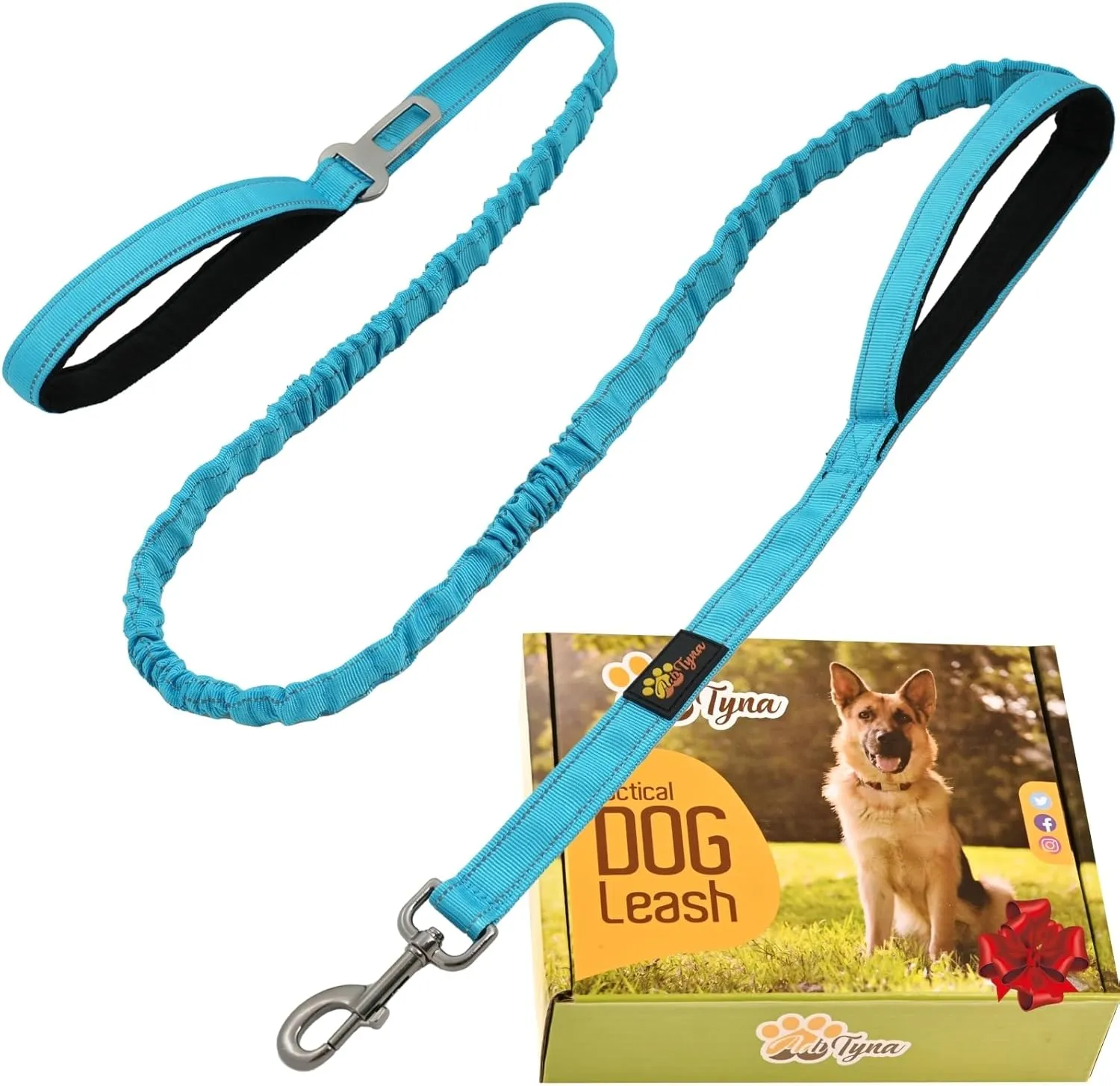 ADITYNA Tactical Bungee Dog Leash 6ft-7.5ft - Shock Absorbing Lead with 2 Padded Handles, Metal Clasp, Car Seatbelt - Heavy Duty No Pull for Medium, Large & XL Breeds