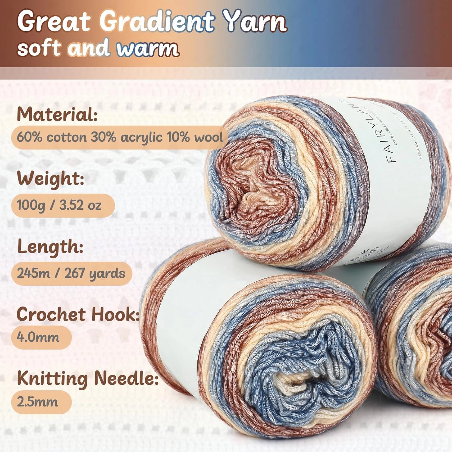 Aeelike Gradient Yarn for Crocheting, 3 Skeins Cake Yarn 100g (3.52 oz) 245m (267 Yards), Super Soft Ombré Yarns Cake Gradient Cake Yarn for Making Colorful Crafts, Khaki Gradient