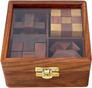 Ajuny 4-in-1 Wooden Puzzle Box - 3D Puzzles & Brain Teaser Games for Adults, Wooden Puzzles, Logic IQ Brain Games, Rustic Decor, Unique Gift for Christmas & Birthday
