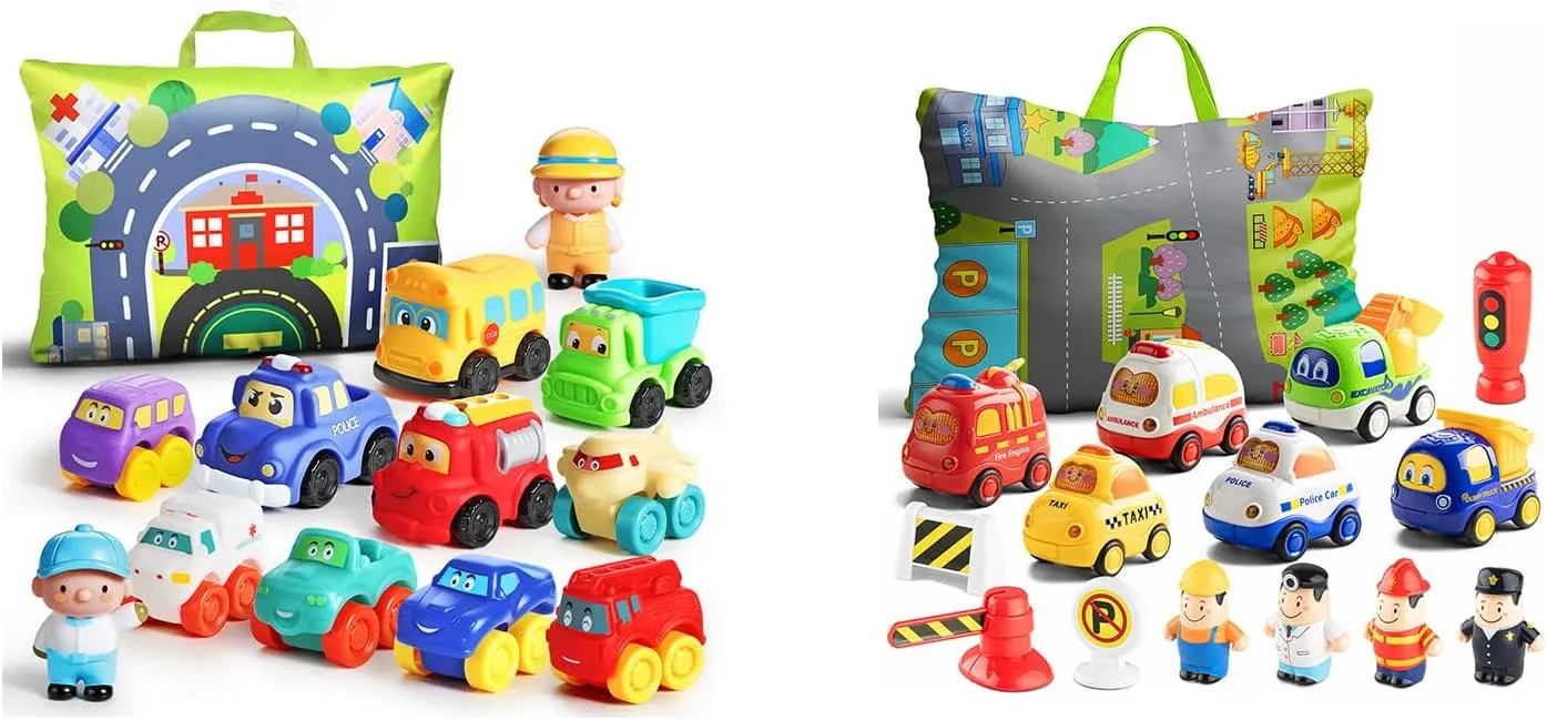 ALASOU 12 PCS Soft Rubber Car Toys and 15 PCS Cars and People Figure Toys with Playmat/Storage Bag for Infant and Toddlers