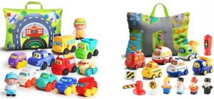 ALASOU 12 PCS Soft Rubber Car Toys and 15 PCS Cars and People Figure Toys with Playmat/Storage Bag for Infant and Toddlers