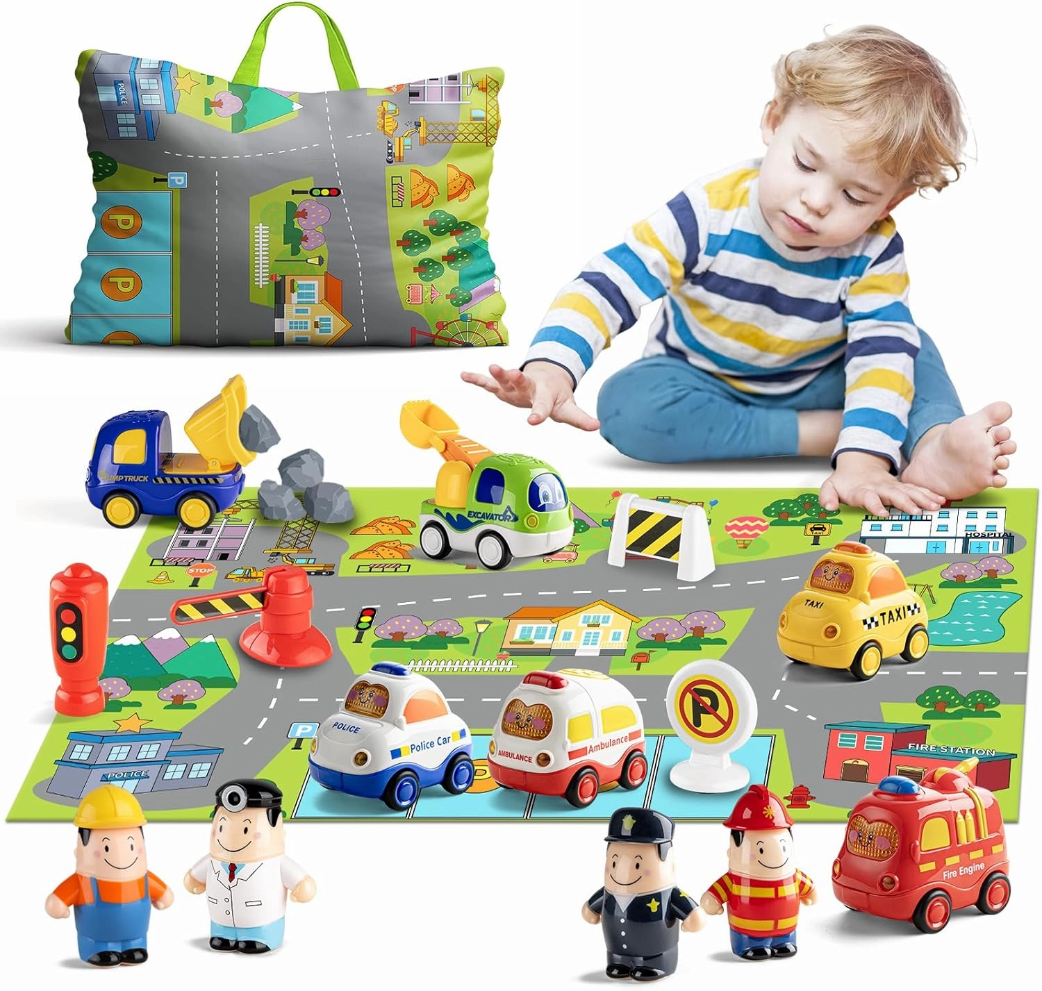 ALASOU 15 PCS Cars and People Figure Toys for 1 2 Year Old Boy with Playmat/Storage Bag|1 2 Year Old Boy Birthday Gift for Kids|Montessori Toy Cars for Toddlers 1-3