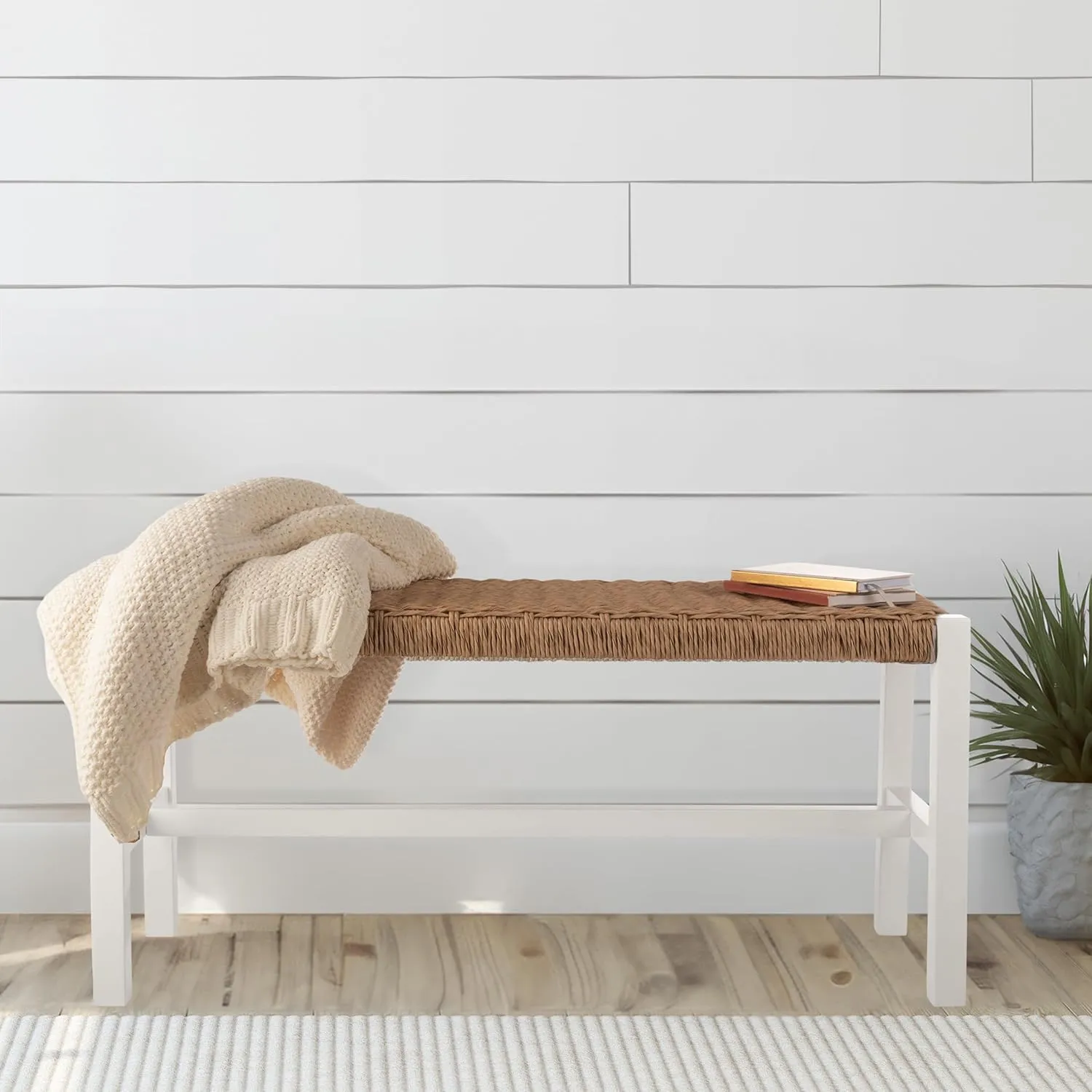 Alaterre Furniture Newport Bench with Handcrafted Woven Rope Seat - 40-Inch Wood Bench for Entryway, Bedroom, or Dining Room - Indoor Entryway Bench (White)
