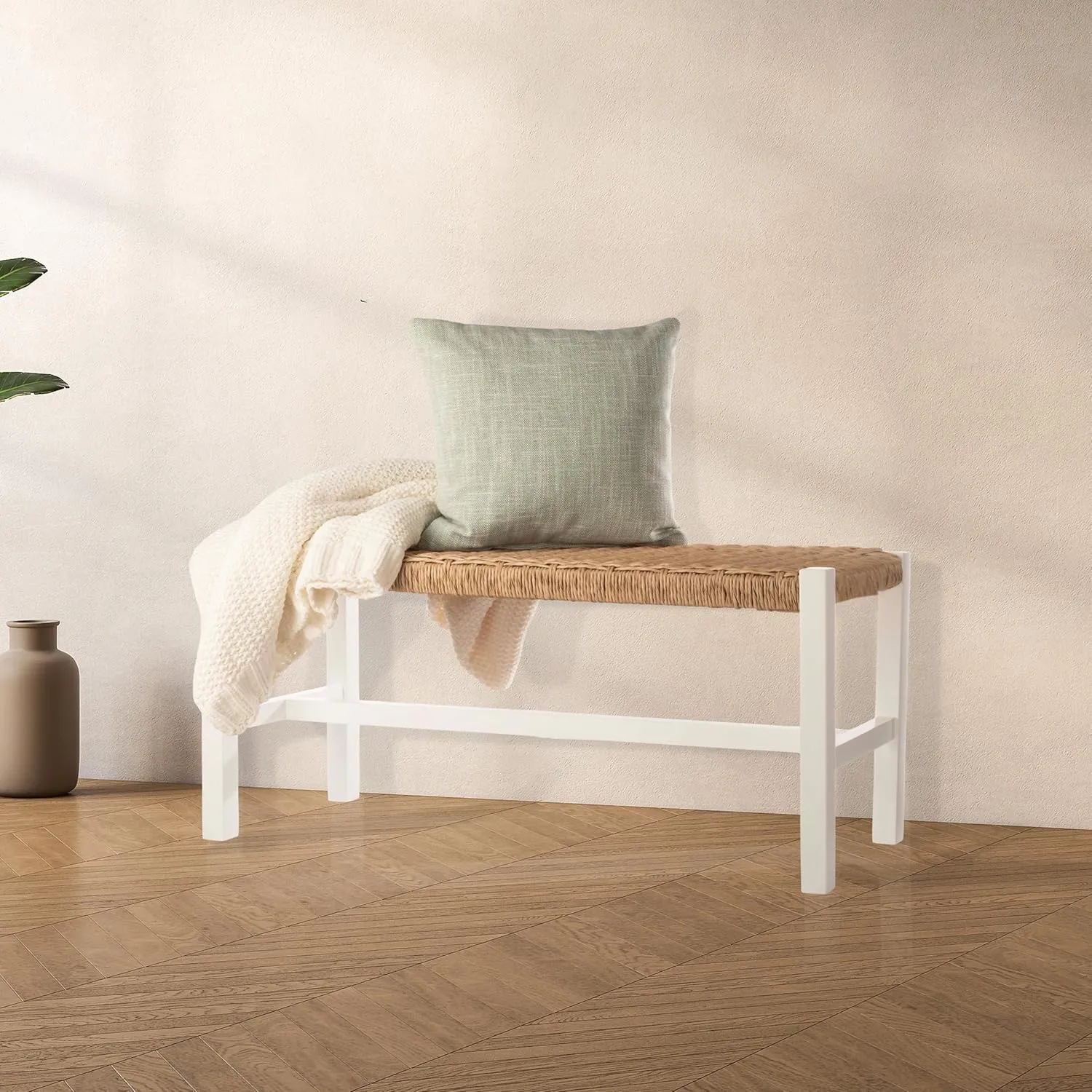 Alaterre Furniture Newport Bench with Handcrafted Woven Rope Seat - 40-Inch Wood Bench for Entryway, Bedroom, or Dining Room - Indoor Entryway Bench (White)