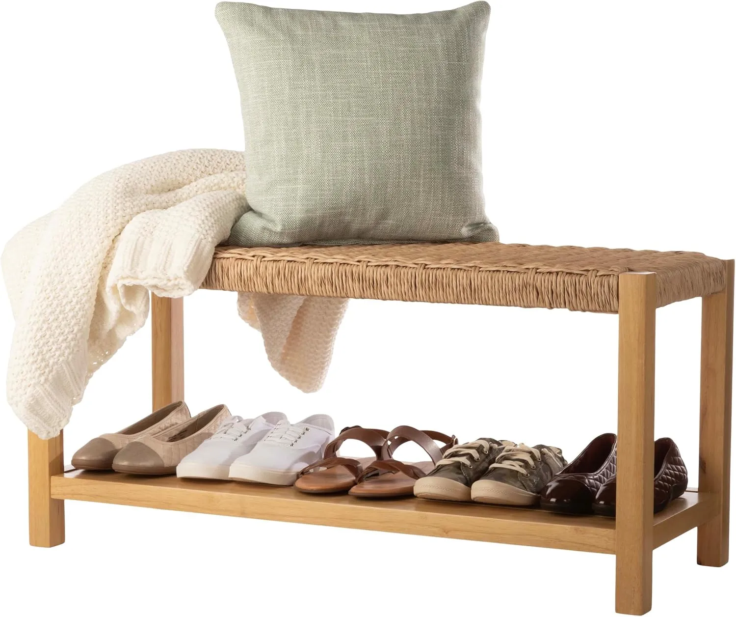 Alaterre Furniture Newport Collection Bench with Handcrafted Woven Rope Seat - 40-Inch Wood Bench with Storage Shelf for Entryway or Bedroom (Natural)