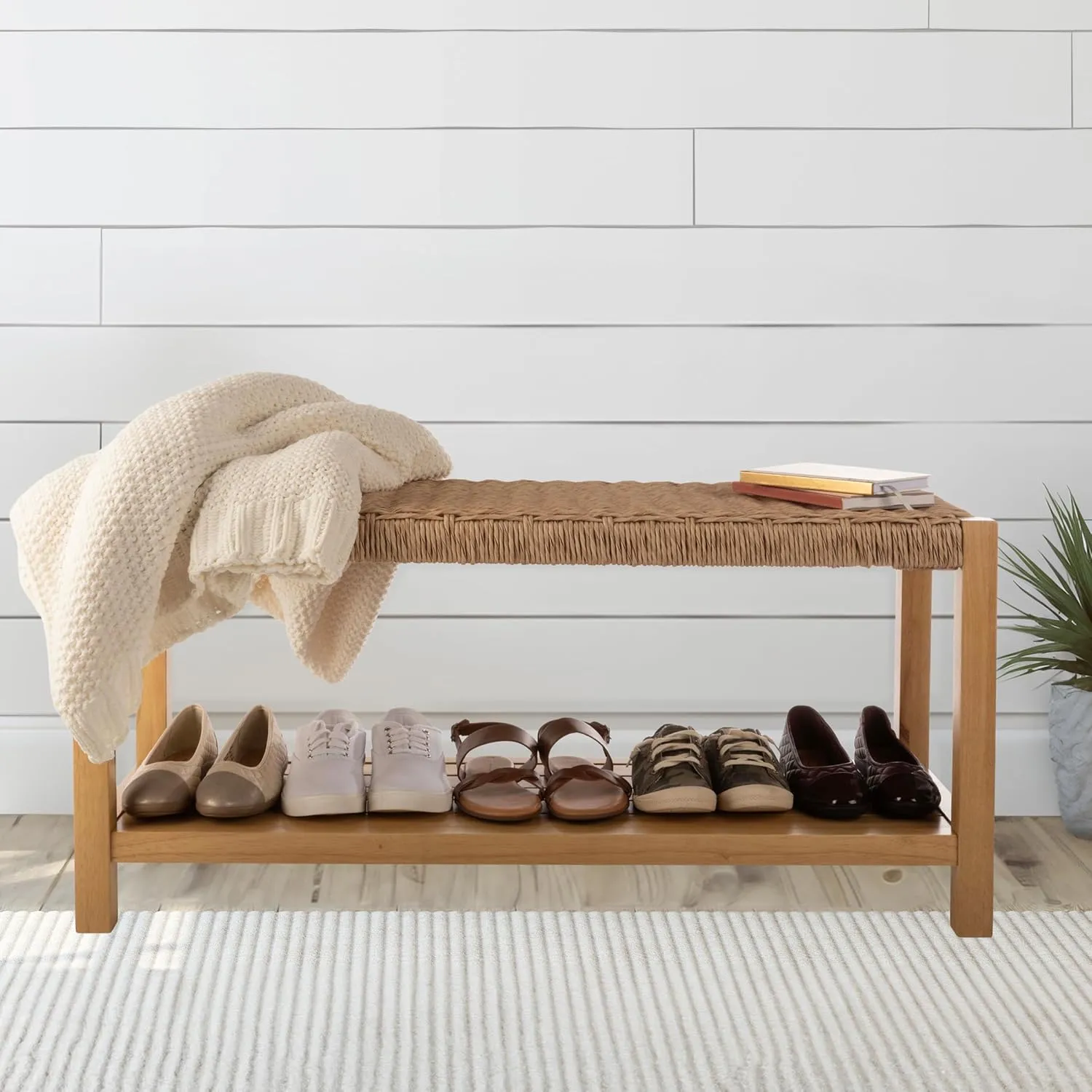 Alaterre Furniture Newport Collection Bench with Handcrafted Woven Rope Seat - 40-Inch Wood Bench with Storage Shelf for Entryway or Bedroom (Natural)