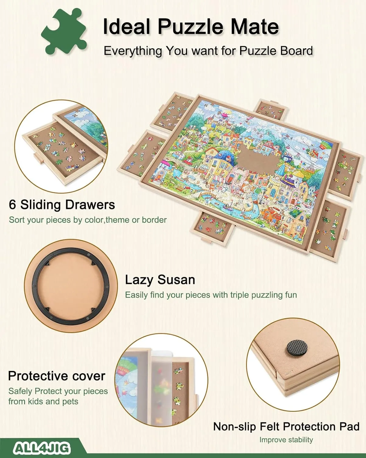 ALL4JIG 1500 Pieces Rotating Puzzle Board with 6 Drawers and Cover,25"x34"Portable Wooden Jigsaw Puzzle Table for Adults,Lazy Susan Spinning Puzzle Boards Birthday Gift for mom