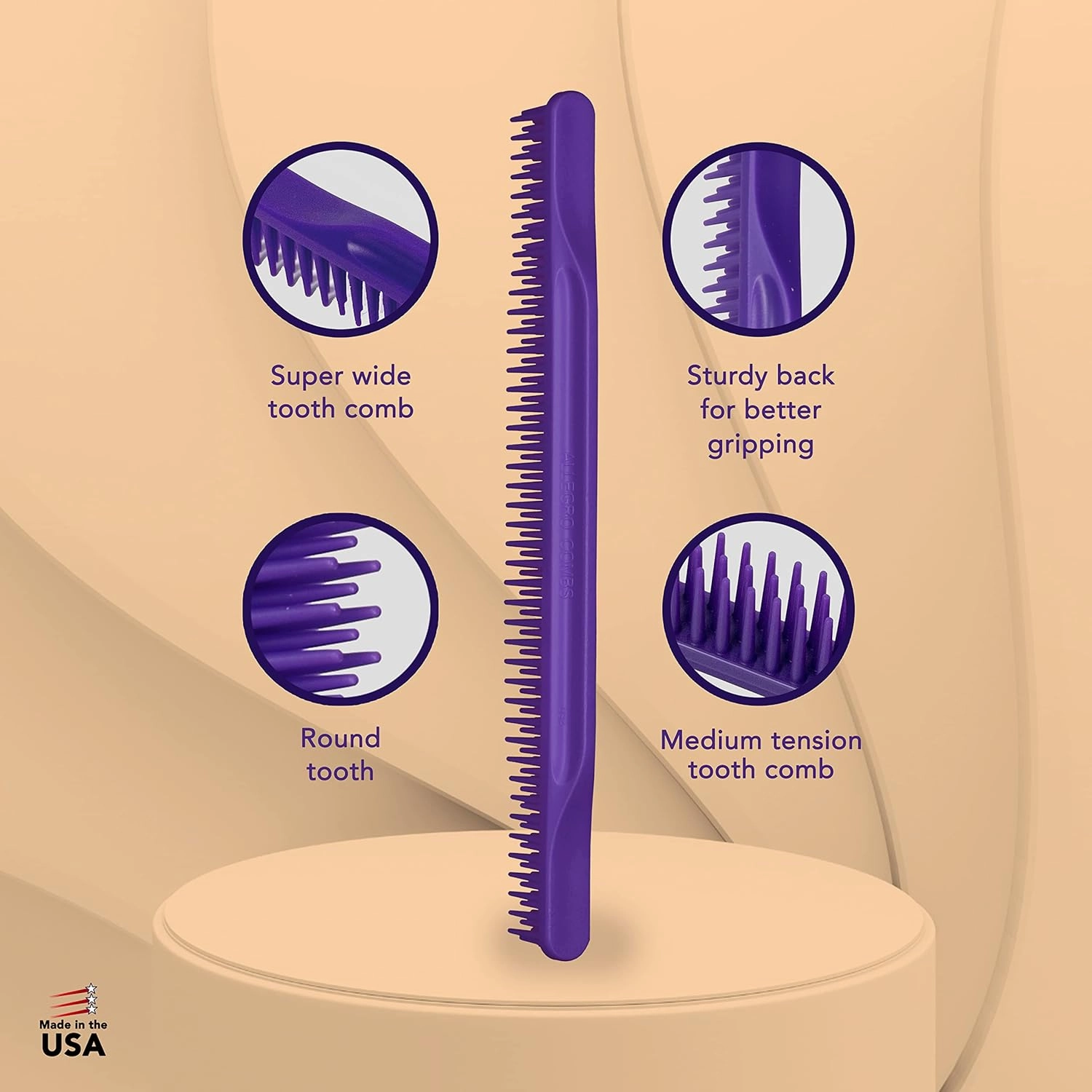 Allegro Combs 3-Row Detangling Comb, Wide Tooth Curl Defining Brush, Perfect for Women Curly Hair Stylists, Curl Defining Comb, Made In The USA, 1 Piece, Purple