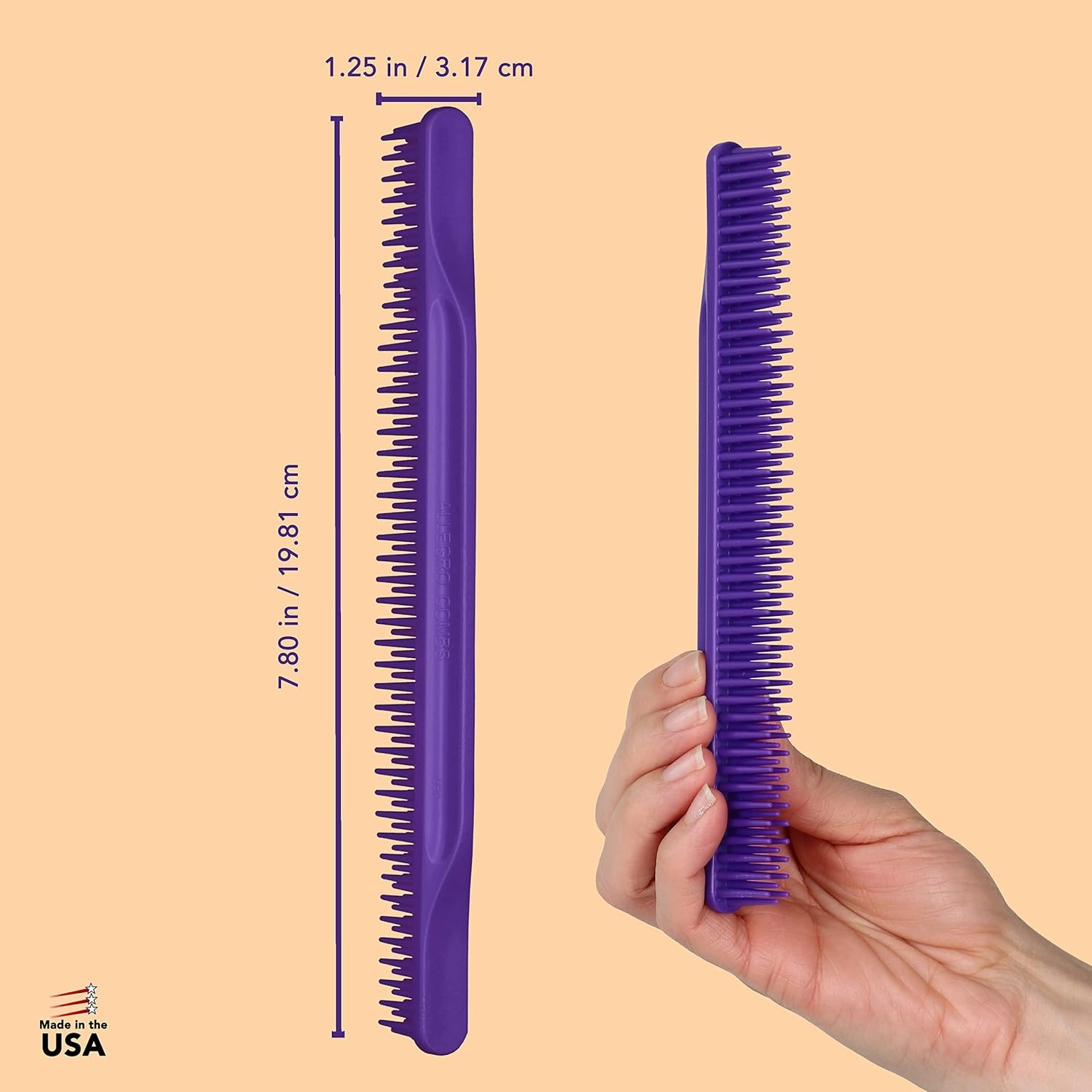 Allegro Combs 3-Row Detangling Comb, Wide Tooth Curl Defining Brush, Perfect for Women Curly Hair Stylists, Curl Defining Comb, Made In The USA, 1 Piece, Purple