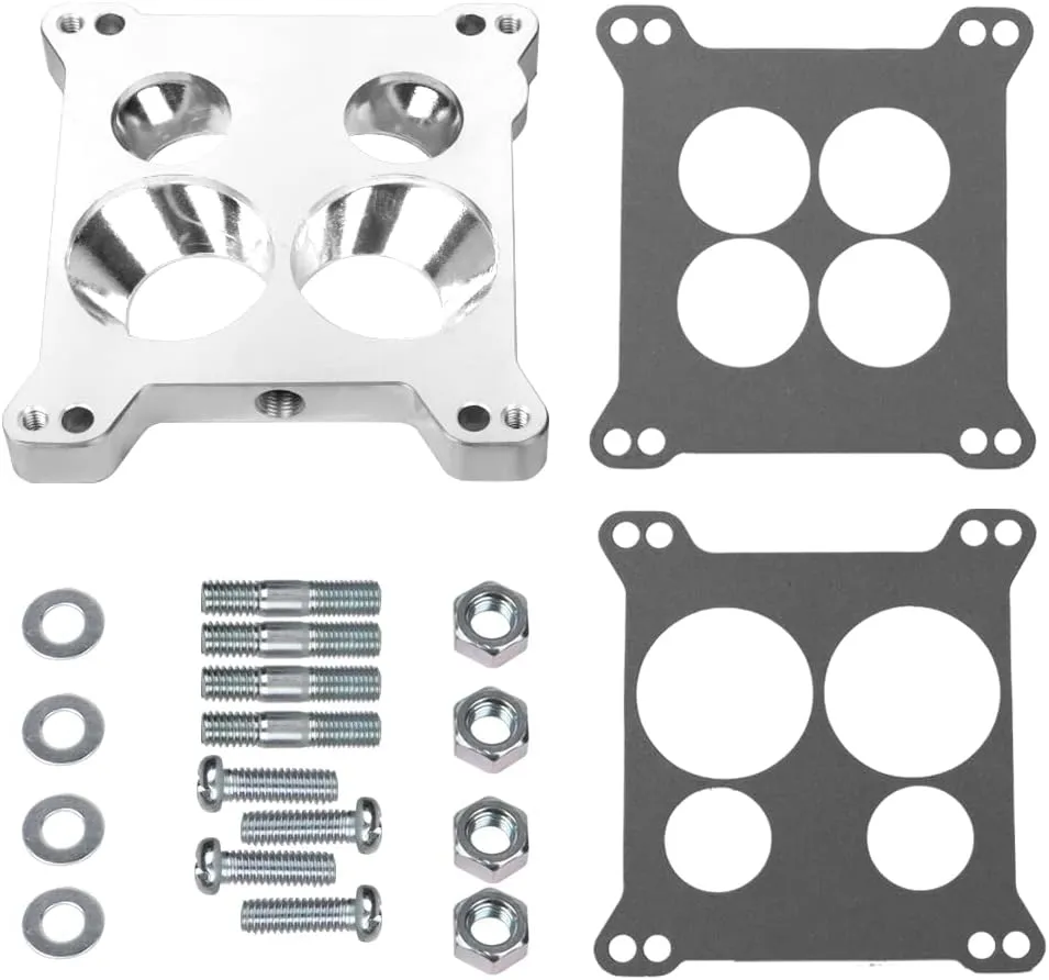 Aluminum Edelbrock Carbuertor Spacer Adapter #2696 Carter/AFB 4-Barrel Four-Hole Square-Bore to Spread-Bore Manifold Carb Spacer for stock Quadrajet & Thermo-Quad Base 0.85in; Individual Venturi Ports