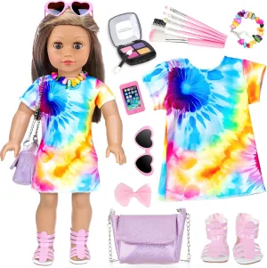 American 18 Inch Doll Accessories & Clothes - 13 Pcs Set Includes Makeup Brushes, Eye Shadows, Necklace, Shoulder Bag, Dress, Shoes & Hairpins