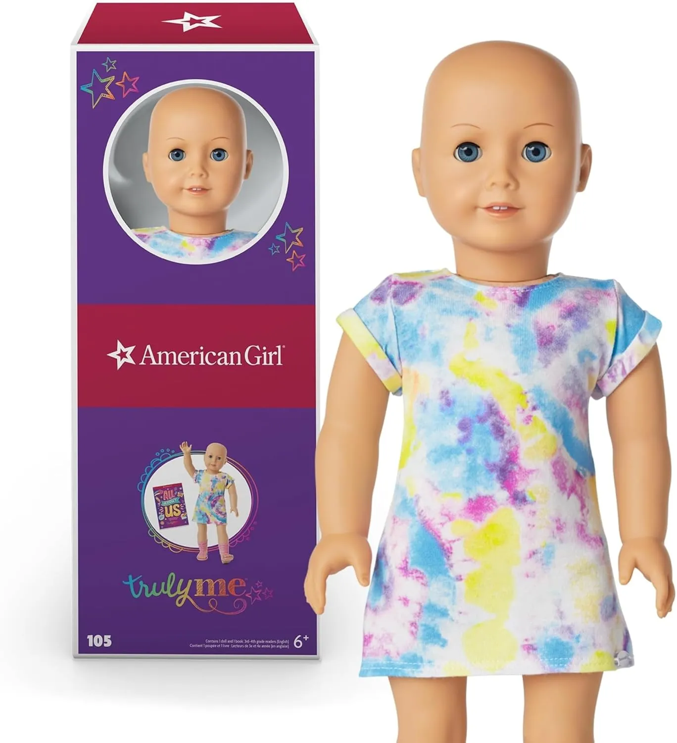 American Girl Truly Me 18-inch Doll #105 with Blue Eyes, Without Hair, Light-to-Medium Skin, T-shirt Dress, For Ages 6 