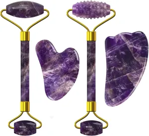 Amethyst Jade Roller Gua Sha Board for Face Lifting Natural Purple Crystal Eye Mask Facial Skin Care Tool,4in1 Set