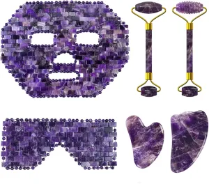 Amethyst Jade Roller Gua Sha Board for Face Lifting Natural Purple Crystal Eye Mask Facial Skin Care Tool,6in1 Set