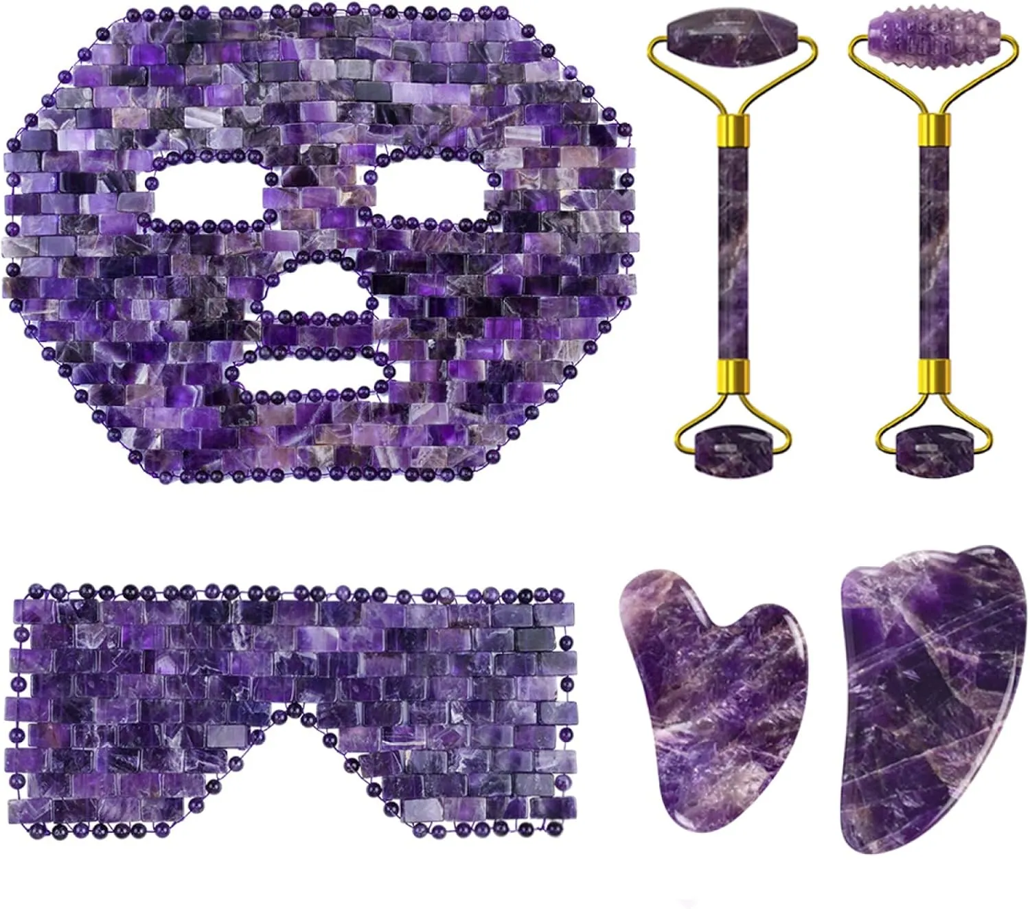 Amethyst Jade Roller Gua Sha Board for Face Lifting Natural Purple Crystal Eye Mask Facial Skin Care Tool,6in1 Set