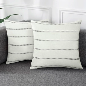 AmHoo Pack of 2 Farmhouse Stripe Check Throw Pillow Covers Set Case Cotton Linen Decorative Pillowcases Cushion Cover for Couch Bench Sofa 16x16Inch Cream