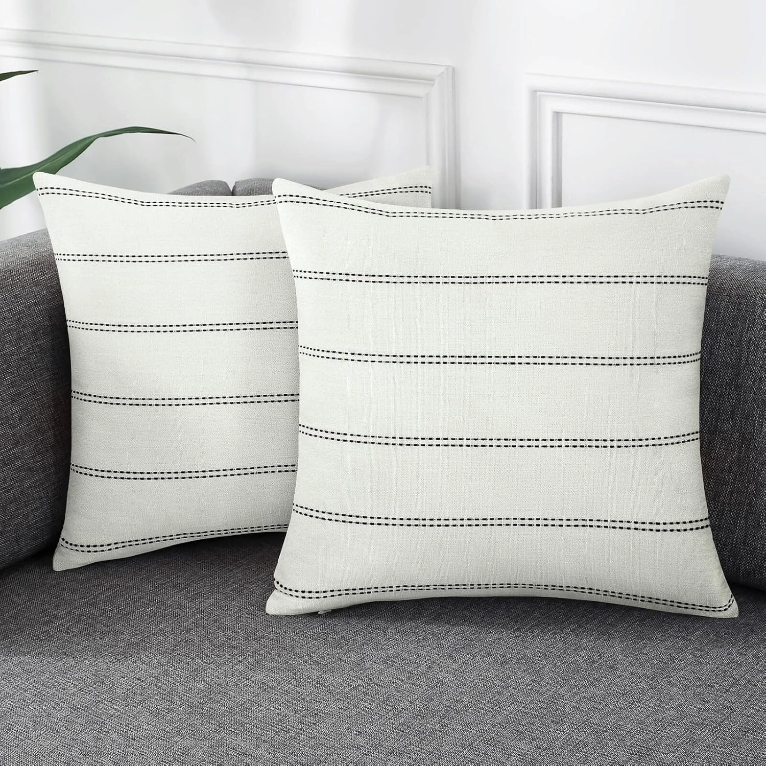 AmHoo Pack of 2 Farmhouse Stripe Check Throw Pillow Covers Set Case Cotton Linen Decorative Pillowcases Cushion Cover for Couch Bench Sofa 16x16Inch Cream