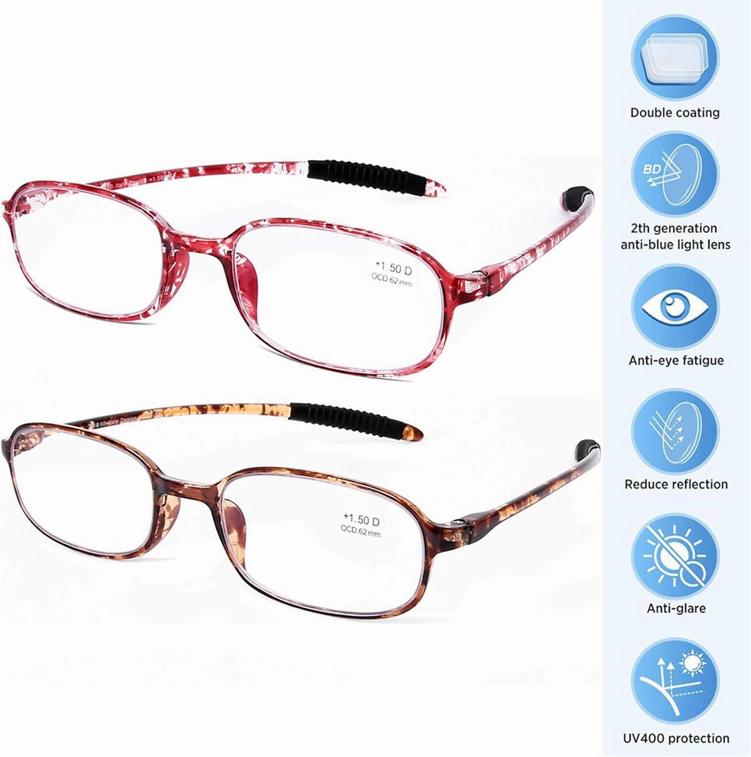 AQWANO 2 Pack Blue Light Blocking Computer Reading Glasses UV Protection Flexible TR90 Frame Lightweight Readers Glasses for Women Men  2.25