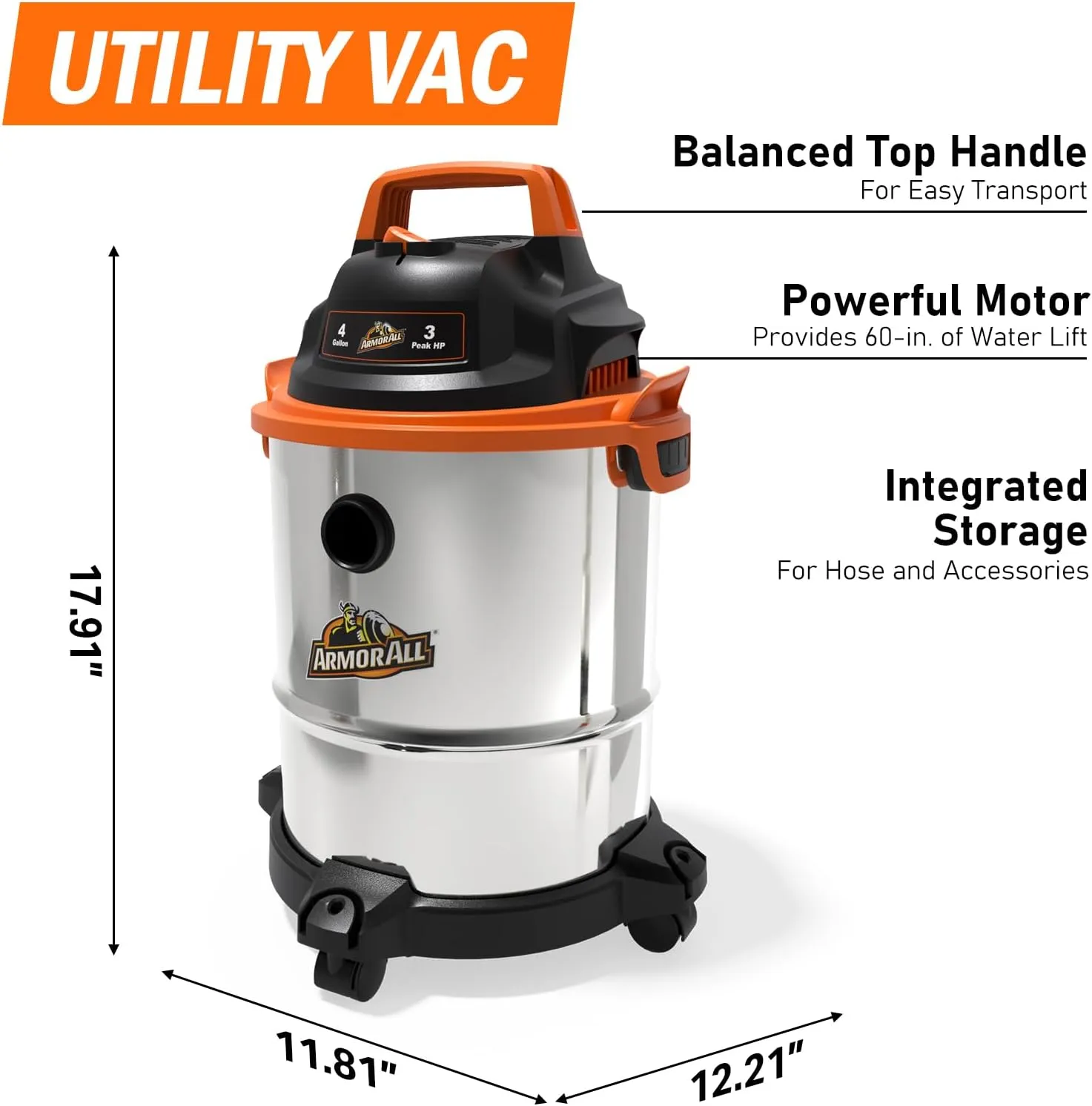Armor All VO408S 0901 4 Gallon 3 Peak HP Stainless Steel Wet/Dry Vacuum, Orange
