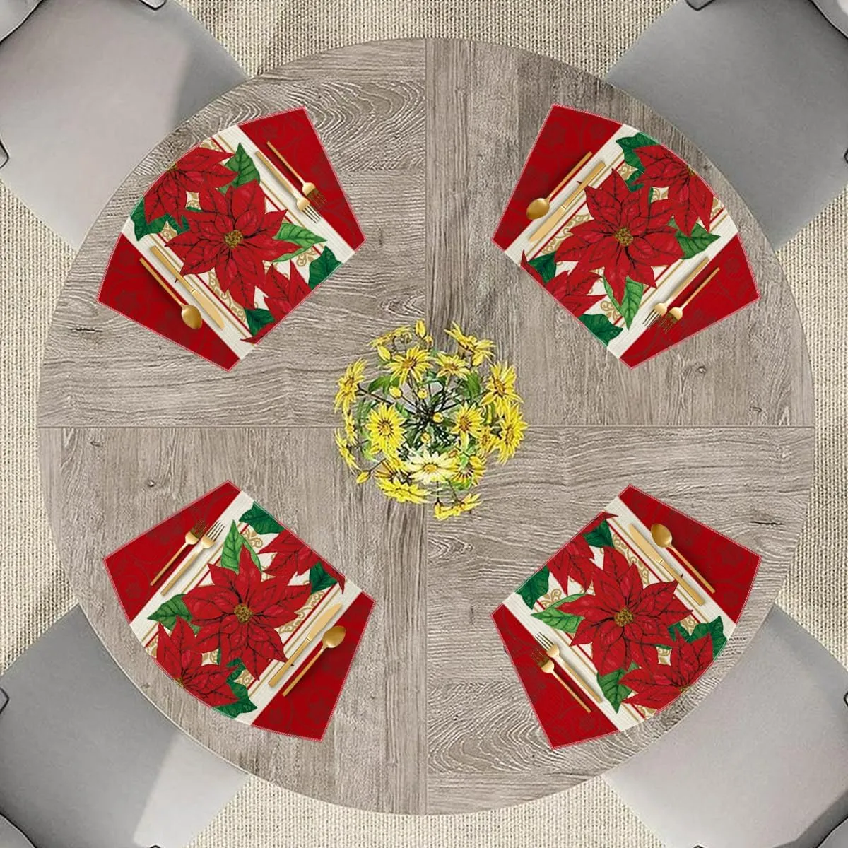 Artoid Mode Christmas Poinsettia Wedge Shape Placemats for Round Table Set of 6, Winter Seasonal Kitchen Dining Table Decoration for Indoor Party Home