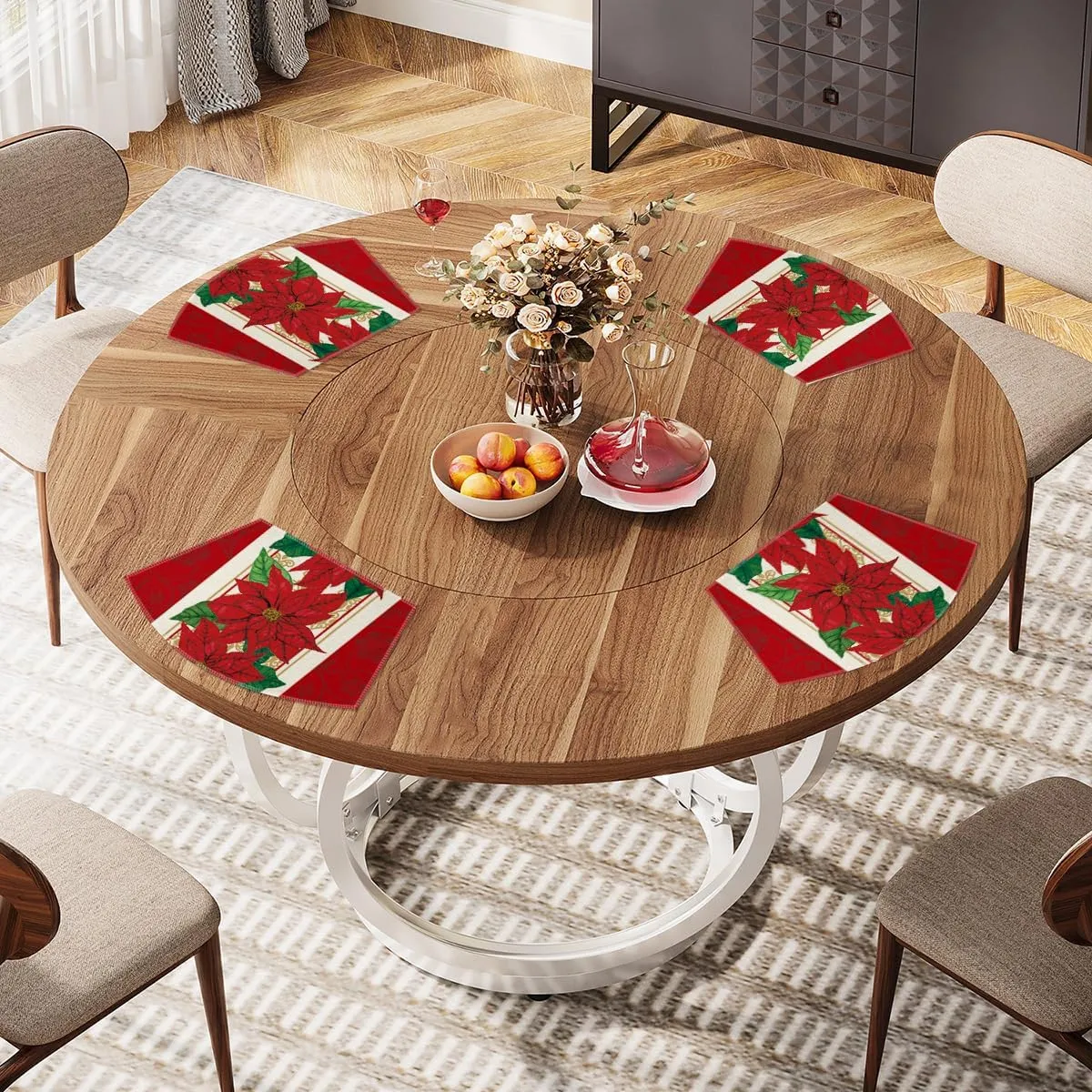 Artoid Mode Christmas Poinsettia Wedge Shape Placemats for Round Table Set of 6, Winter Seasonal Kitchen Dining Table Decoration for Indoor Party Home