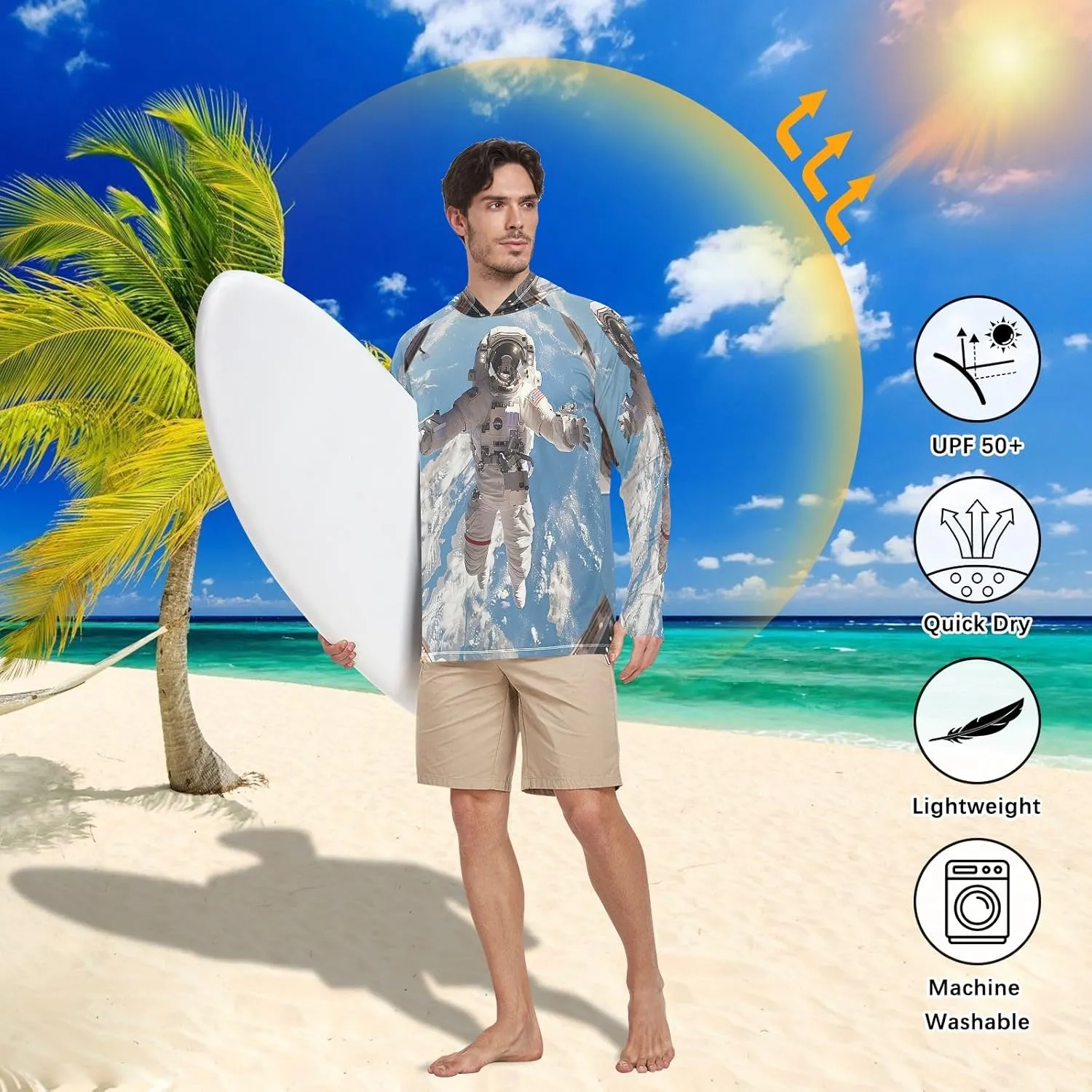 Astronaut Colorful Planets Mens Shirts UPF 50 , Cooling Shirt, Hooded Fishing Shirts for Men Long Sleeve